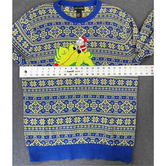 Mens Ugly Christmas Sweater L Blue Yellow Santa Dinosaur Knit Funny Holiday - Picture 6 of 9